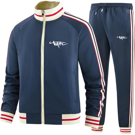 Men's Tupac Two-Piece Designer Tracksuit with Bold Striped Accents and Zippered Front Elevated Athletic Wear