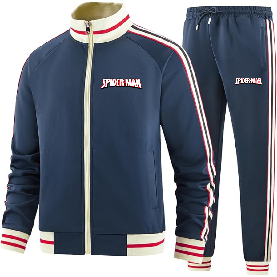 Men's Spider Man Two-Piece Designer Tracksuit with Bold Striped Accents and Zippered Front Elevated Athletic Wear