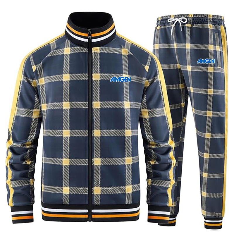 Men's Amgen Tracksuits Full-zip Long Sleeve Plaid Track Jackets and Pants 2 Piece