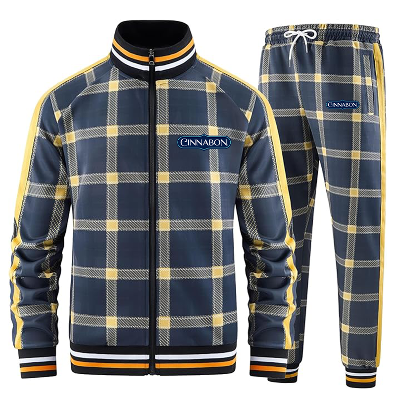 Men's Cinnabon Tracksuits Full-zip Long Sleeve Plaid Track Jackets and Pants 2 Piece