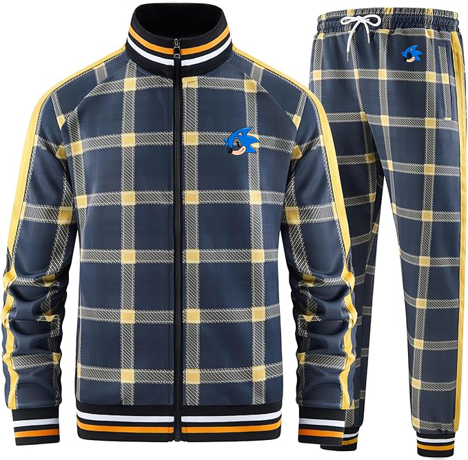 Men's  Sonic the Hedgehog Tracksuits Full-zip Long Sleeve Plaid Track Jackets and Pants 2 Piece
