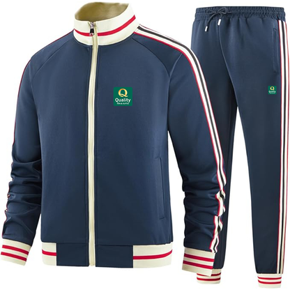 Men's Quality Inn & Suites Premium Two-Piece Designer Tracksuit with Bold Striped Accents and Zippered Front Elevated Athletic Wear