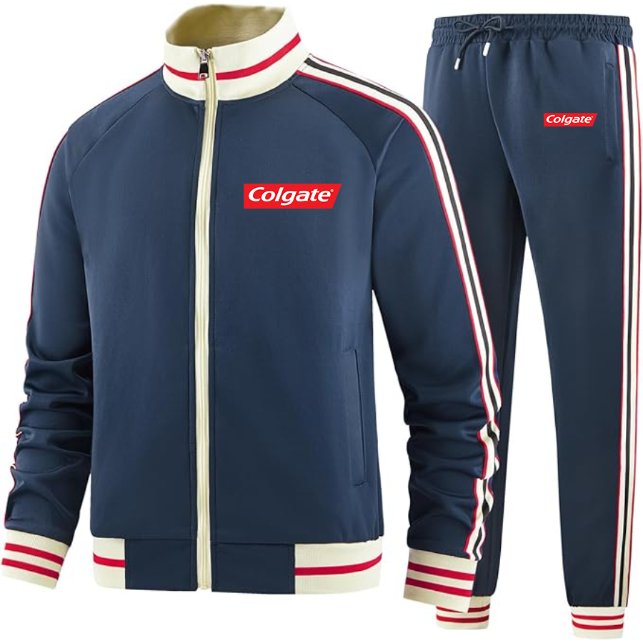 Men's  Colgate Two-Piece Designer Tracksuit with Bold Striped Accents and Zippered Front Elevated Athletic Wear
