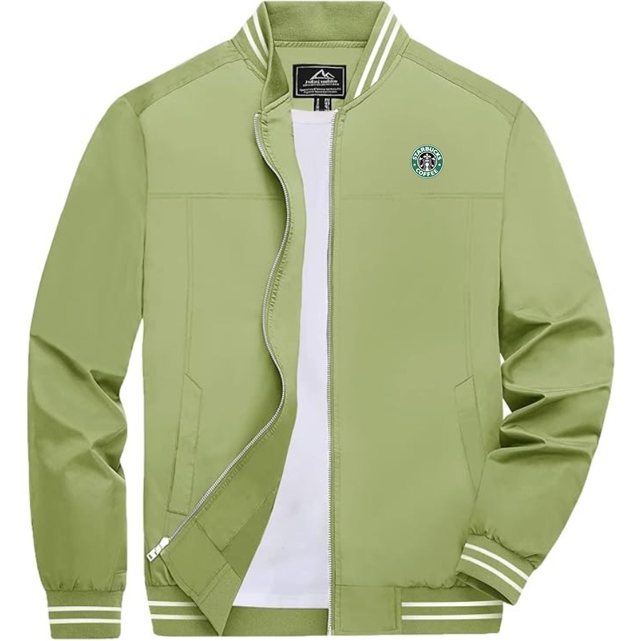 Men's  Starbucks Coffee Lightweight Zip-Up Bomber Jacket with Ribbed Collar and Cuffs Versatile Casual Outerwear