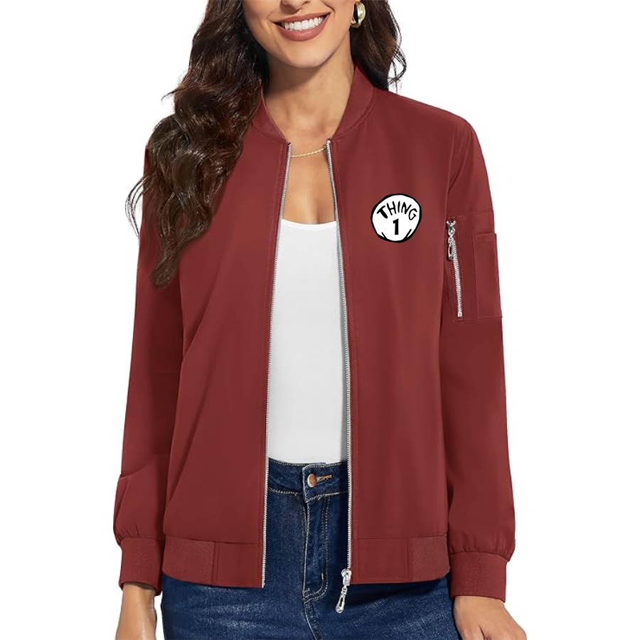 Women's Dr. Suess Thing 1 Premium Bomber Jacket with Polished Detailing and Functional Sleeve Pocket Modern Luxury Outerwear