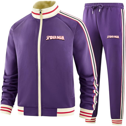 Men's Spider Man Two-Piece Designer Tracksuit with Bold Striped Accents and Zippered Front Elevated Athletic Wear