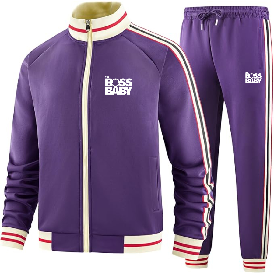 Men's Boss Baby  Two-Piece Designer Tracksuit with Bold Striped Accents and Zippered Front Elevated Athletic Wear