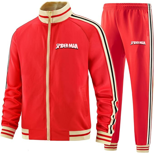 Men's Spider Man Two-Piece Designer Tracksuit with Bold Striped Accents and Zippered Front Elevated Athletic Wear