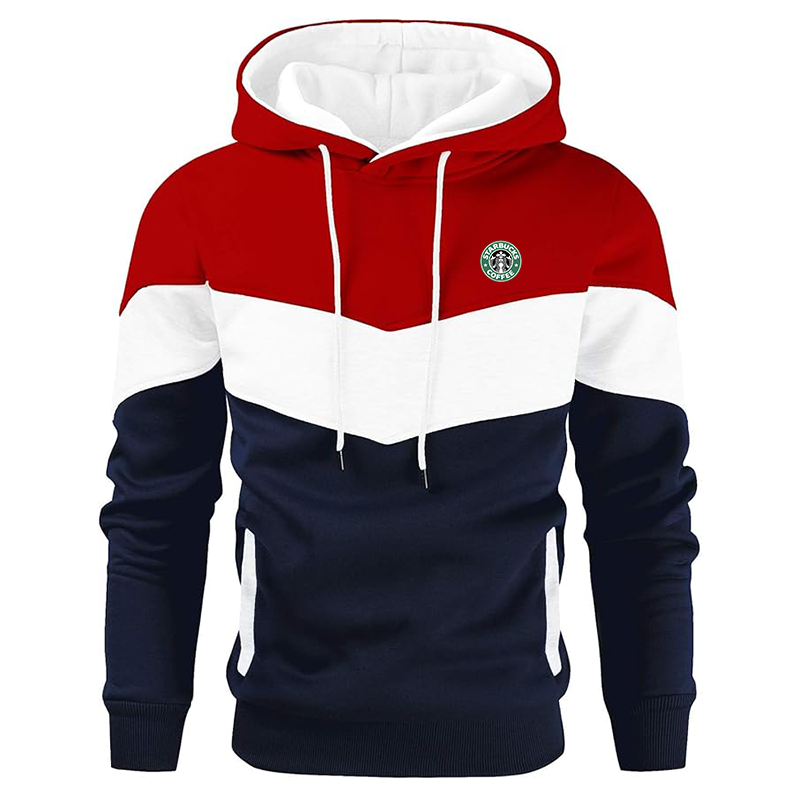 Men's  Starbucks Coffee  Gesean Novelty Color Block Pullover Fleece Hoodie Long Sleeve Casual Sweatshirt with Pocket