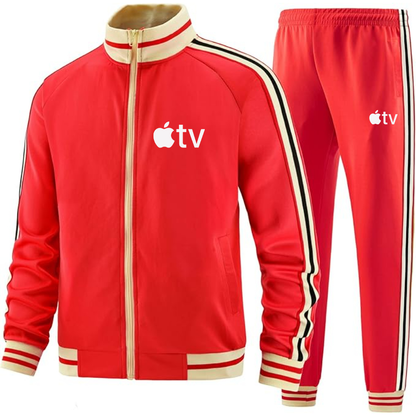 Men's Apple TV Two-Piece Designer Tracksuit with Bold Striped Accents and Zippered Front Elevated Athletic Wear