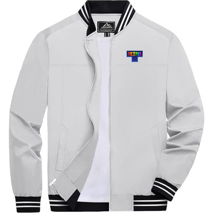 Men's Tetris Lightweight Zip-Up Bomber Jacket with Ribbed Collar and Cuffs Versatile Casual Outerwear