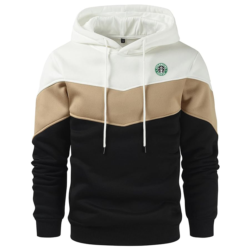 Men's  Starbucks Coffee  Gesean Novelty Color Block Pullover Fleece Hoodie Long Sleeve Casual Sweatshirt with Pocket