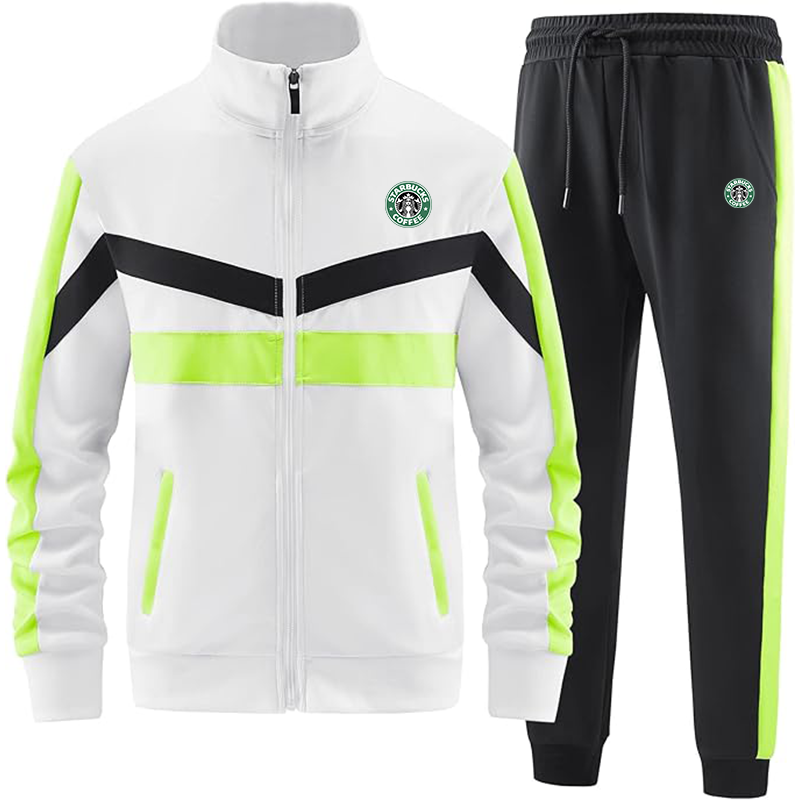 Men's  Starbucks Coffee  Casual 2 Piece Tracksuit Sets Long Sleeve Full Zip Jacket and Sweatpants Sport Outfits Sweatsuits